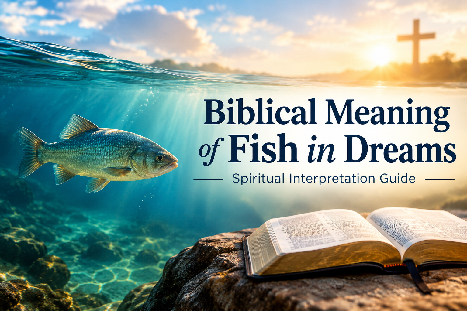 Biblical meaning of fish in dreams featuring a fish swimming in clear blue water, an open Bible, and a cross in the warm sunrise, symbolizing faith, spiritual growth, divine provision, and hope.