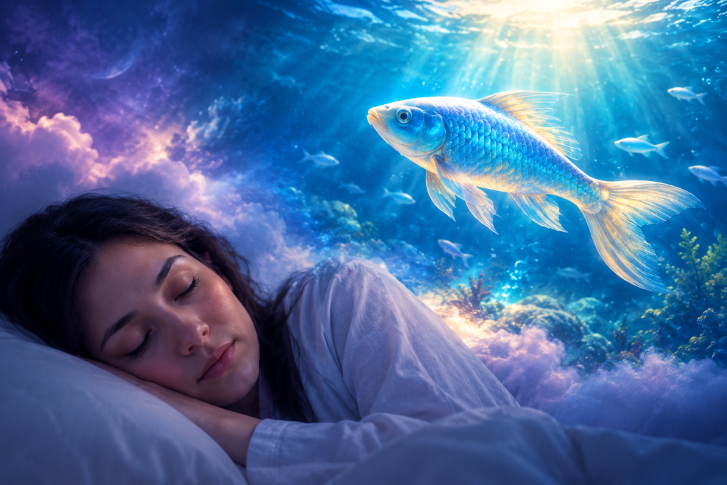 A sleeping woman dreaming of a glowing blue and golden fish swimming in a mystical underwater world, representing the spiritual meaning of fish in a dream.