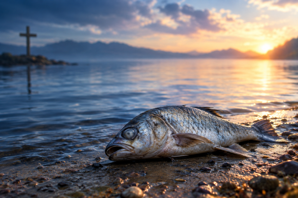 Biblical Meaning of Dead Fish in a Dream, featuring a lifeless fish on a lakeshore at sunset with a cross in the background.
