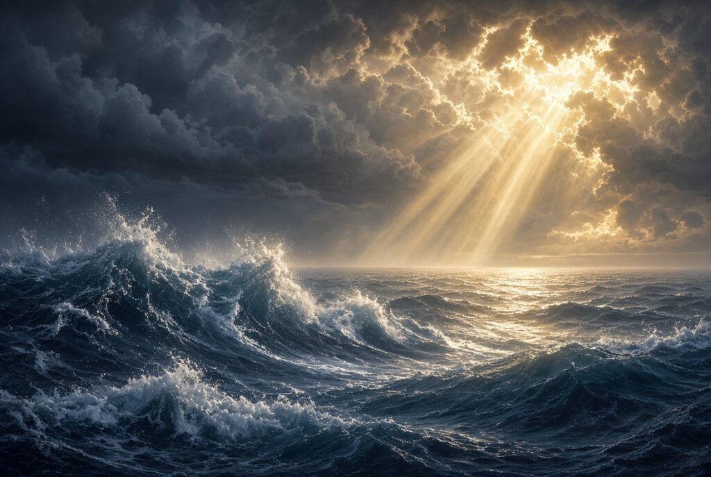 Dramatic seascape of powerful ocean waves crashing under a stormy sky, with golden rays of sunlight breaking through dark clouds and illuminating the water, symbolizing biblical themes of trials, chaos, and divine peace. No text or writing present.