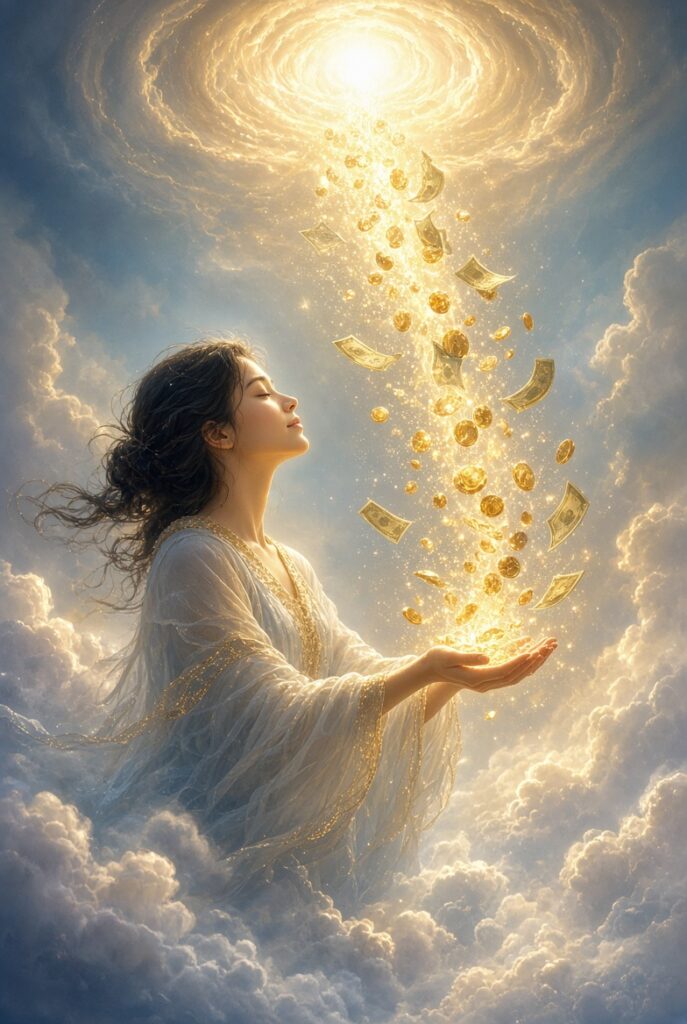 A serene young woman in flowing white and gold robes stands among soft clouds with eyes closed and head tilted upward in peaceful reverence. From a brilliant swirling golden light in the sky above, a cascade of glowing coins and dollar bills streams down into her open cupped hands, surrounded by sparkling light particles, conveying a spiritual dream of receiving divine abundance and prosperity.