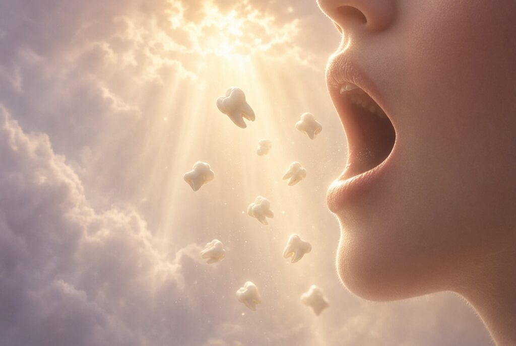 Close-up of a person’s open mouth in profile with several white teeth floating outward against a bright cloudy sky filled with golden sun rays.