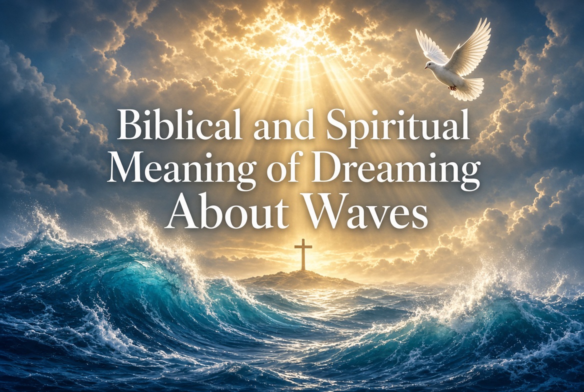 Biblical and Spiritual Meaning of Dreaming About Waves – dramatic ocean waves crashing under golden heavenly light rays, a wooden cross standing on a small rock in the middle of the sea, and a white dove flying in the sky.