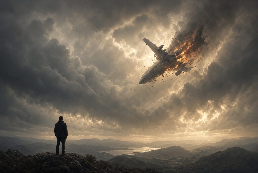 A person standing on a rocky hill overlooking a vast landscape, watching a large airplane exploding and falling through a dramatic sky filled with dark stormy clouds and shafts of golden light.