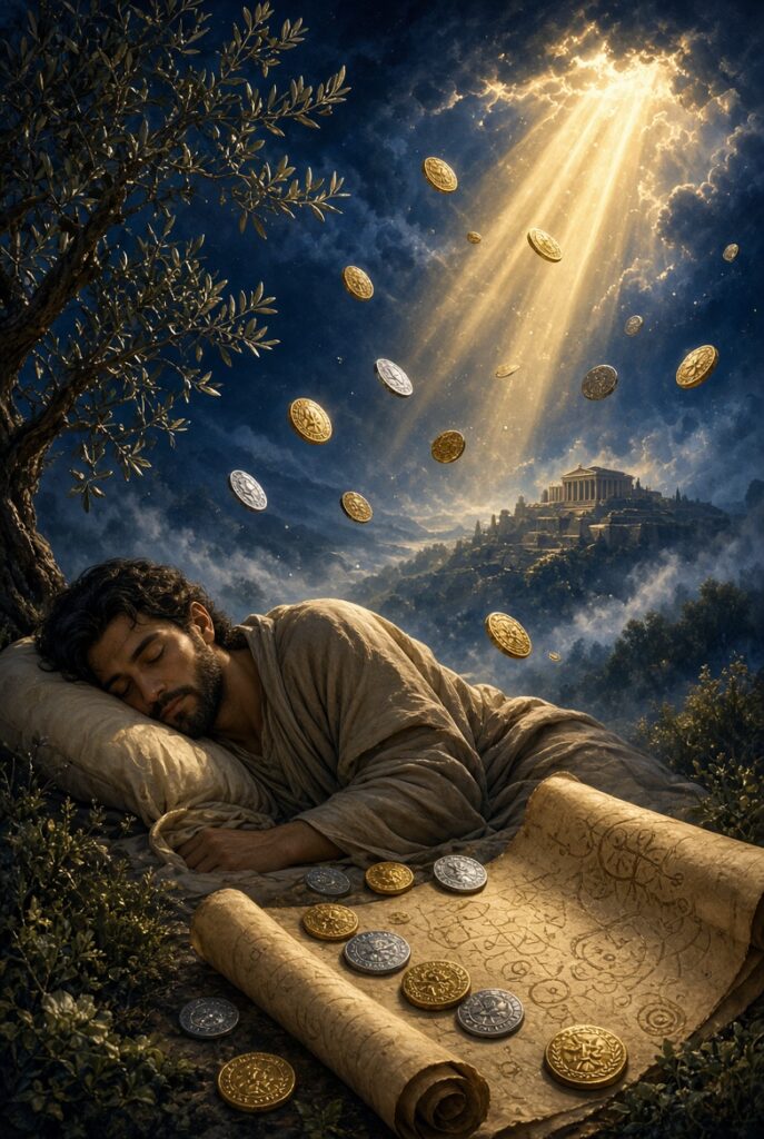 A man in ancient robes sleeps peacefully under an olive tree at night, with golden and silver coins floating upward through beams of divine light toward a distant temple on a hill, and an open parchment scroll with coins resting beside him.