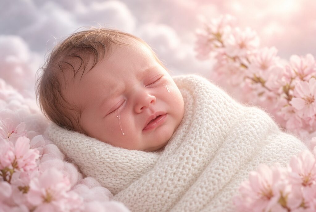 A close-up of a baby girl with closed eyes and a single tear rolling down her cheek, mouth slightly open in distress, wrapped snugly in a soft white knitted blanket, surrounded by delicate pink blossoms and soft cloudy light.
