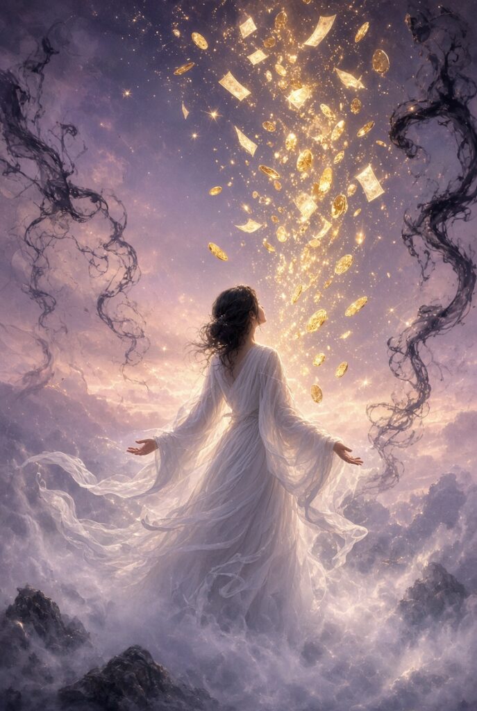A woman in a long flowing white dress stands amid soft purple and white clouds, arms open and face tilted upward. Golden coins and glowing paper bills cascade down from a bright light above her, sparkling against a twilight sky, while dark swirling smoke-like tendrils frame the sides of the scene.