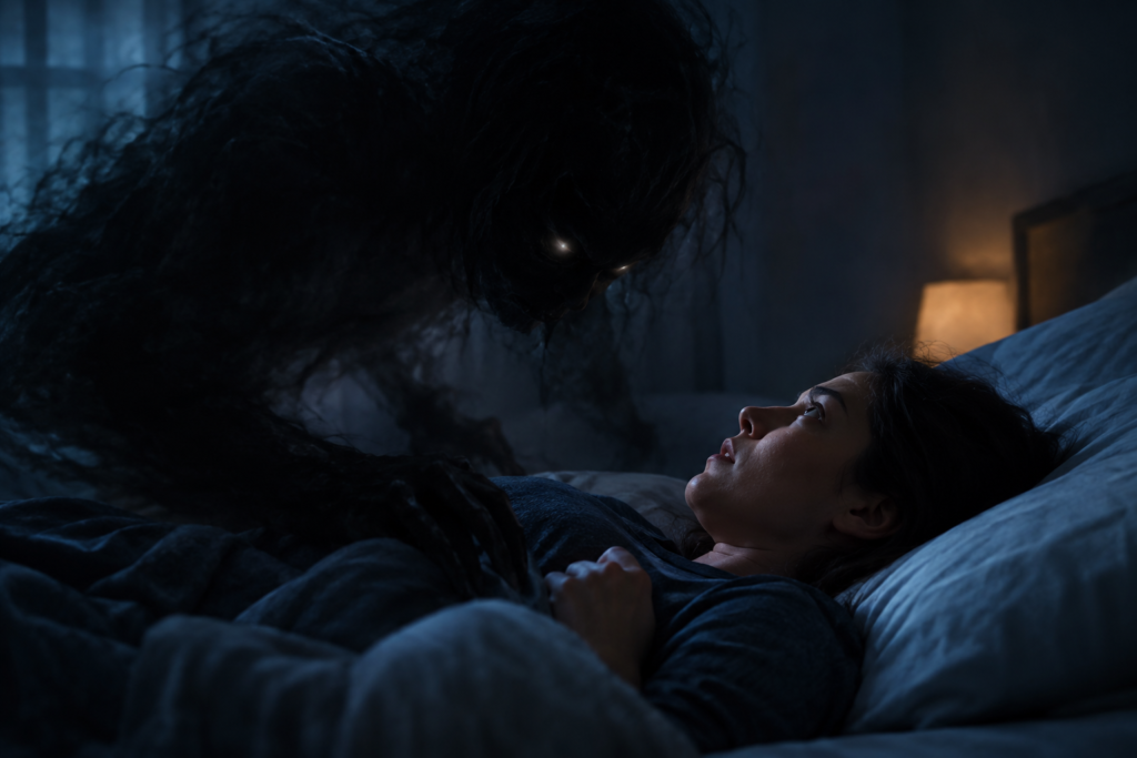 Woman experiencing sleep paralysis while seeing a dark shadowy demon hovering over her in a dim bedroom.
