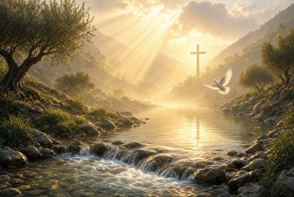 A serene golden-hour landscape of a clear flowing river winding through a rocky valley lined with olive trees and green hills. Soft divine light rays break through clouds, illuminating a distant wooden cross on a hillside and its reflection on the calm water. A white dove soars above the stream, symbolizing the Holy Spirit, cleansing, and spiritual renewal.