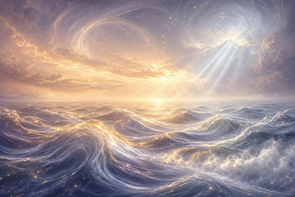 Ethereal ocean waves glowing with golden light under a radiant sunrise sky, swirling luminous energy and soft mist symbolizing spiritual meaning of dreaming about waves.
