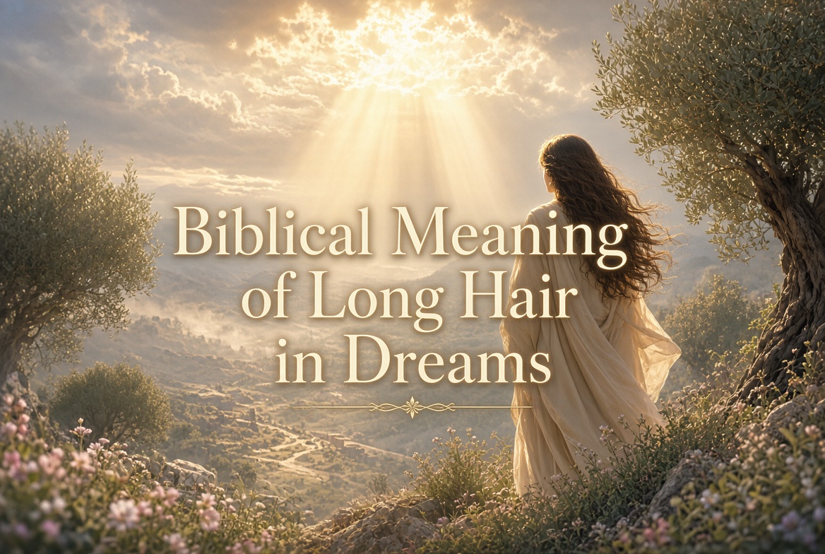 Serene biblical landscape at sunrise with golden light rays shining through soft clouds over misty hills and olive trees. A woman with long flowing brown hair, wearing a light flowing robe, stands with her back to the viewer on a rocky flower-covered hillside, gazing into the distance. Elegant centered text reads: “Biblical Meaning of Long Hair in Dreams