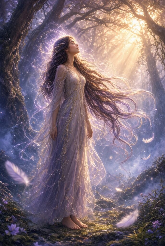 A serene woman with extremely long, flowing hair stands barefoot in a misty enchanted forest. Her eyes are closed and her face is tilted upward toward golden sunlight streaming through the trees. Soft purple and white light swirls around her hair and body like ethereal energy. She wears a sheer, flowing lavender gown with delicate golden vine patterns. White feathers float gently in the air around her.

