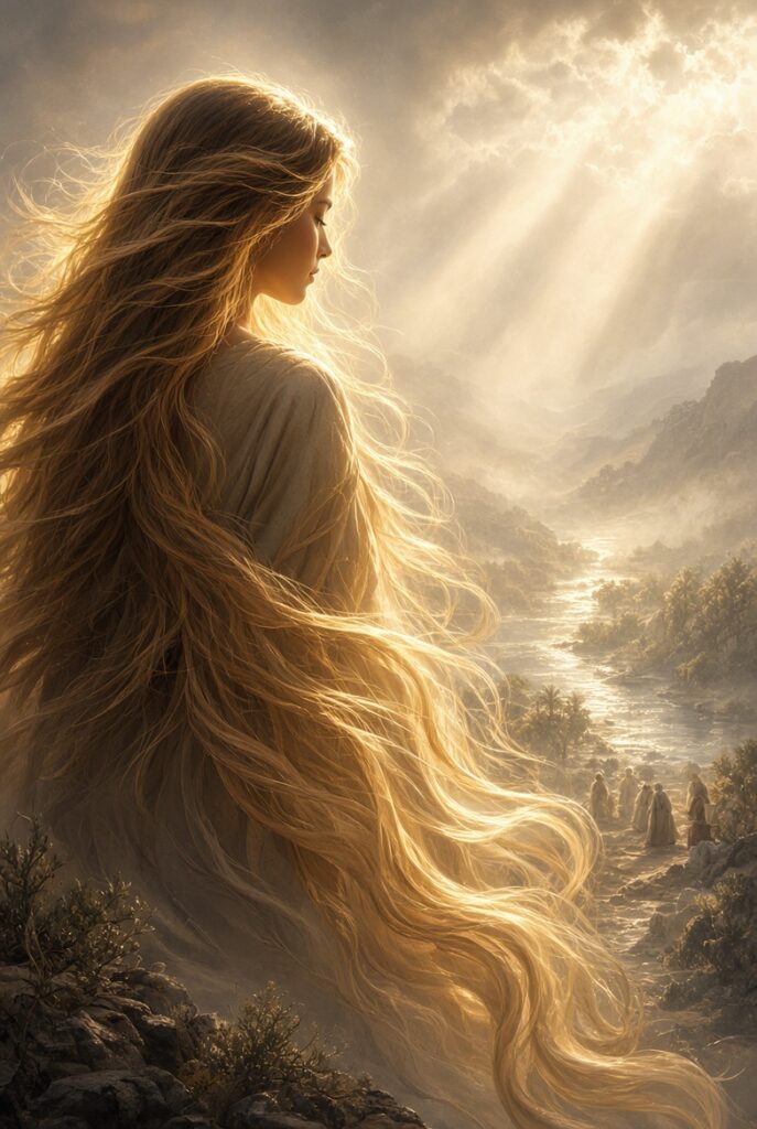 A woman with extremely long, flowing golden-blonde hair stands on a rocky hillside, seen from behind, wearing a soft light-colored robe. She gazes over a sunlit, misty valley with a winding river, distant mountains, and small figures walking along a path below, as dramatic rays of light break through cloudy skies.

