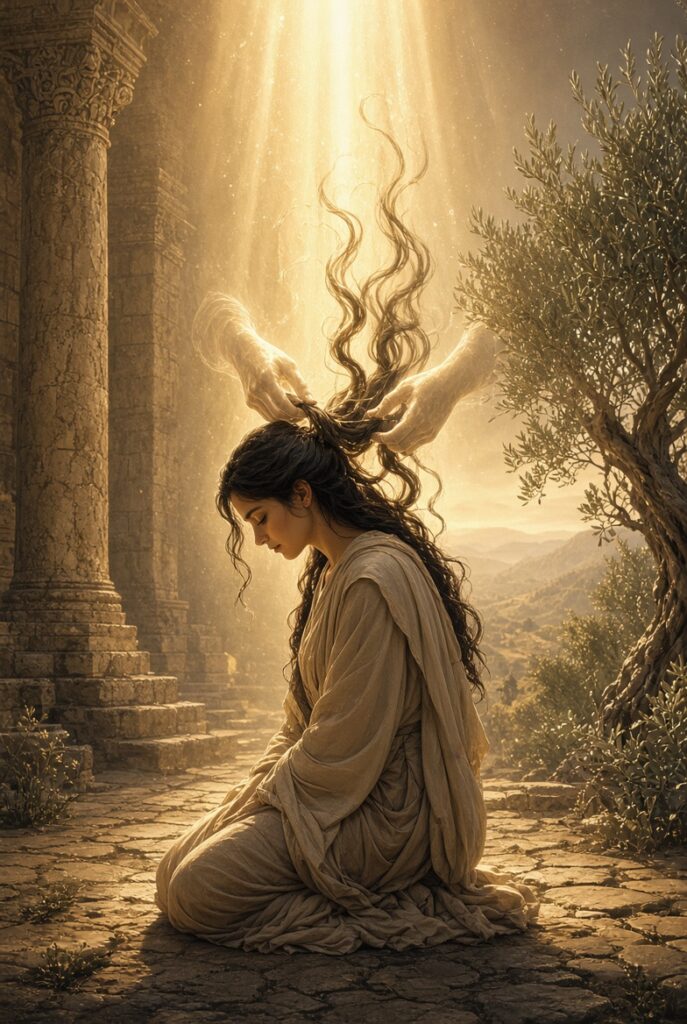 A young woman with long dark wavy hair kneels on ancient stone pavement in soft golden light. She wears a simple beige robe and bows her head peacefully with eyes closed. Translucent ethereal hands gently hold and lift strands of her hair upward toward a bright divine light streaming from above. Behind her stand weathered stone columns and steps of a ruined temple; to the right is an olive tree. Distant rolling hills and a warm hazy sky complete the sacred, contemplative biblical scene. No text appears in the image.

