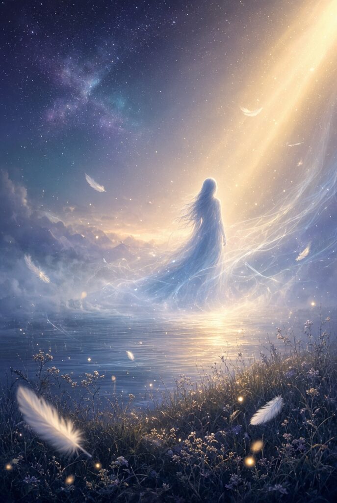A translucent, glowing ethereal figure of a woman with long flowing hair and a light-formed dress stands facing away over a calm reflective body of water under a starry twilight sky. Soft golden light rays shine down from above, surrounded by floating white feathers, glowing orbs, and gentle mist. Purple wildflowers line the foreground shore.