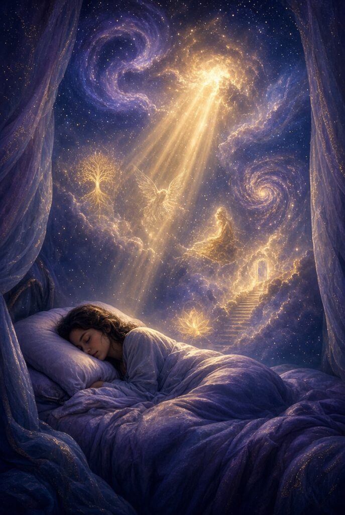 A peaceful person sleeps in a bed beneath flowing purple curtains while a celestial dreamscape unfolds above. Golden rays of light stream from a radiant opening in the star-filled sky, illuminating glowing cosmic symbols, swirling galaxies, an angelic figure, a luminous tree, a lotus flower, and a staircase leading to a shining doorway among the clouds. The scene features deep blue and violet tones with warm golden highlights, creating a mystical, spiritual, and dreamlike atmosphere.