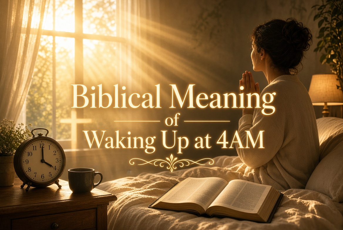 A peaceful woman sits on a bed in prayer at dawn, hands clasped, as golden sunlight streams through a window. An open Bible rests on the white bedding, a classic clock on the nightstand shows approximately 4 AM, and elegant glowing text in the center reads “Biblical Meaning of Waking Up at 4AM.”