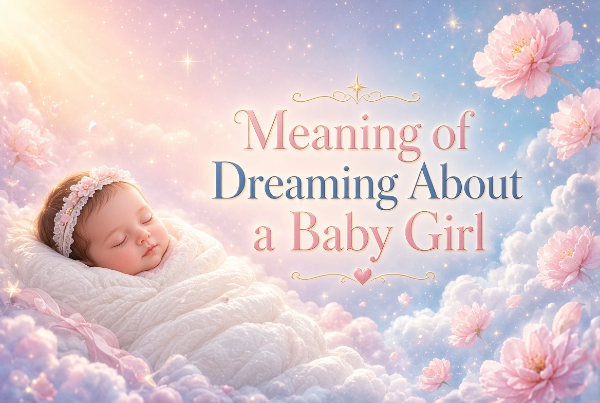 A serene sleeping baby girl wrapped in a soft white knitted blanket, wearing a delicate floral headband, floating among fluffy clouds, pink peonies, and sparkling stars in a dreamy pastel sky with soft golden light. Elegant text overlay in the center reads “Meaning of Dreaming About a Baby Girl.