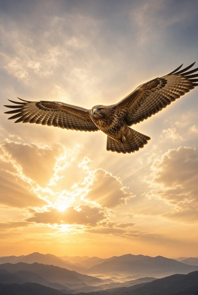A hawk soaring with wings fully outstretched against a glowing golden sunset sky filled with soft clouds and radiant light rays, overlooking layered mountain ranges below.