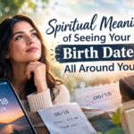 Spiritual Meaning of Seeing Your Birth Date All Around You with repeating birth date numbers, a Bible, clock, and peaceful sunrise scene.