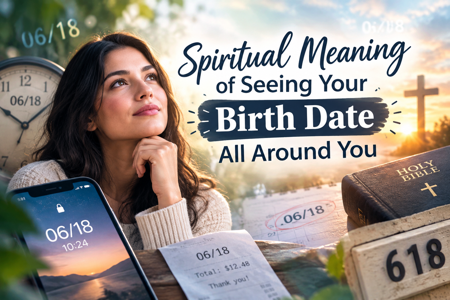 Spiritual Meaning of Seeing Your Birth Date All Around You with repeating birth date numbers, a Bible, clock, and peaceful sunrise scene.
