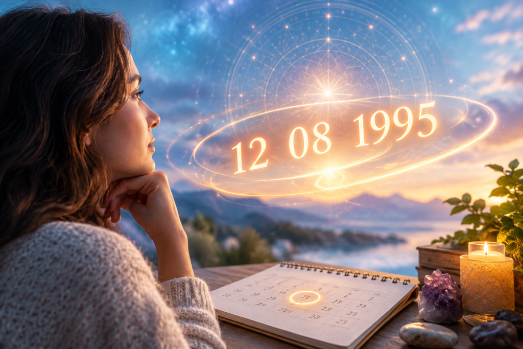 Spiritual meaning of seeing your birth date represented by a glowing birth date, calendar, and mystical light in a peaceful setting.