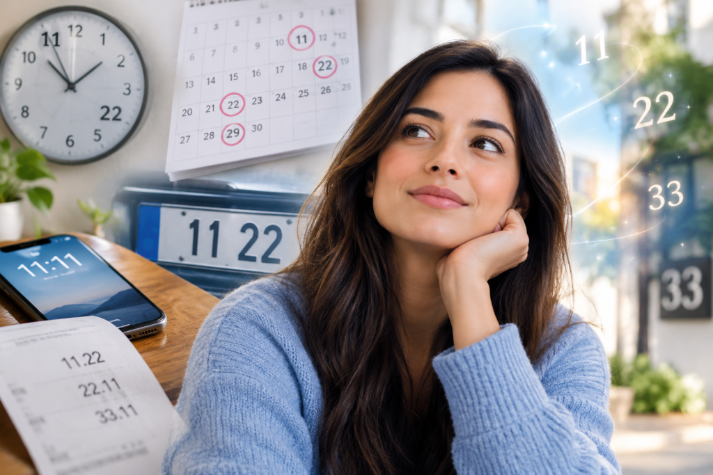 Woman noticing repeated birthday numbers on clocks, calendars, phones, and other everyday objects, symbolizing the meaning of seeing your birthday numbers everywhere.