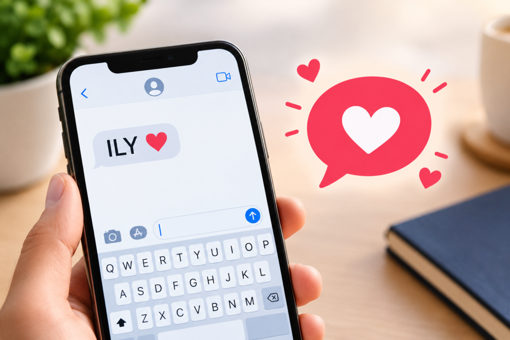 ILY meaning in chat shown through a smartphone message with heart symbols, representing love and affection.