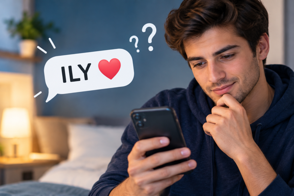 What Does ILY Mean From a Guy? A young man looking at his phone with an “ILY” heart message, suggesting romantic feelings or affection.