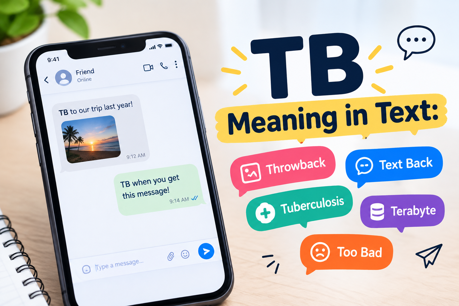 TB Meaning in Text showing common meanings such as Throwback, Text Back, Tuberculosis, and Terabyte.