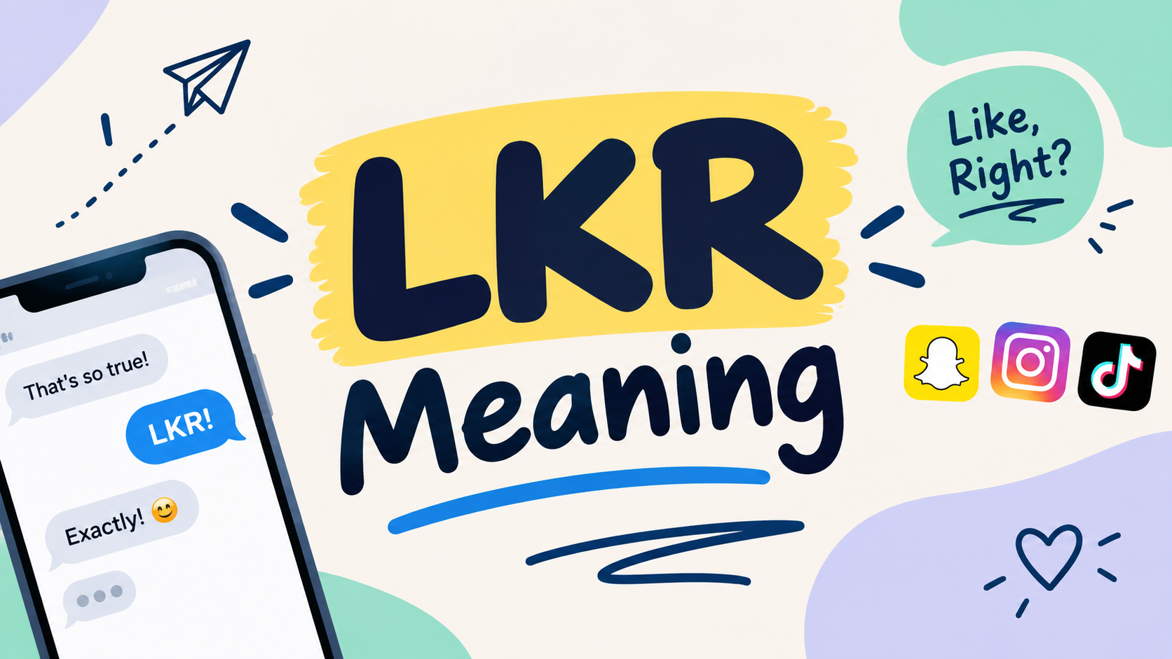 LKR Meaning explained with a smartphone chat showing LKR, Like Right, and social media icons