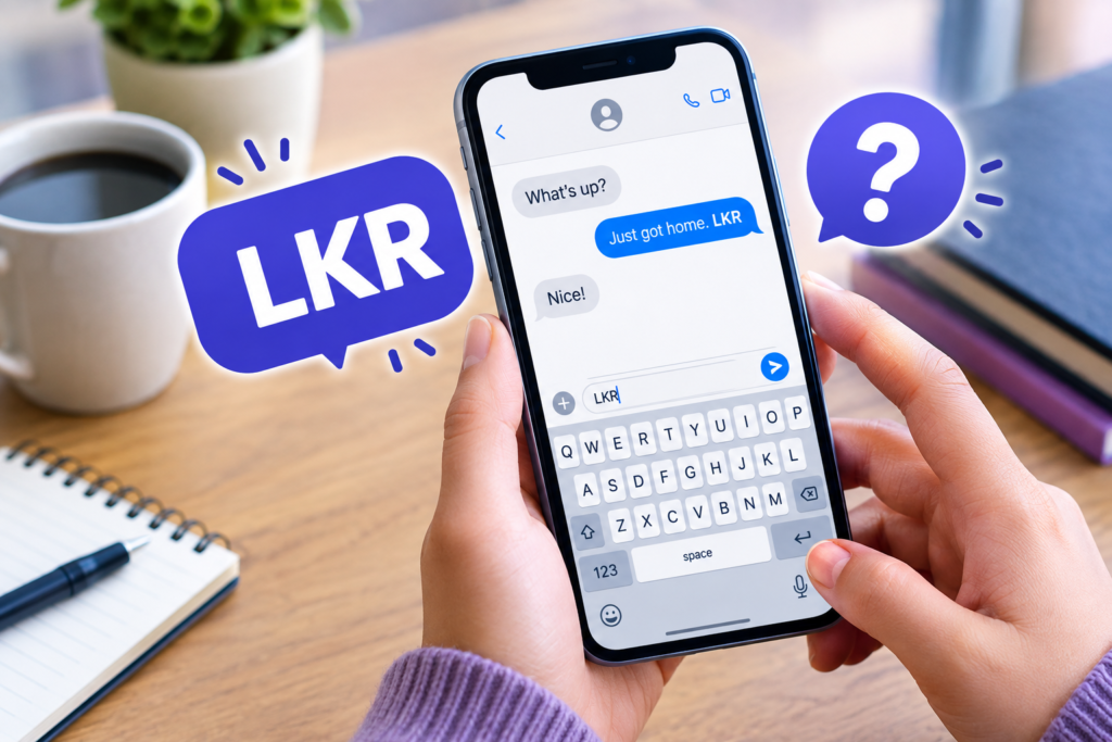 LKR meaning in texting shown on a smartphone messaging screen with chat bubbles and a question mark.