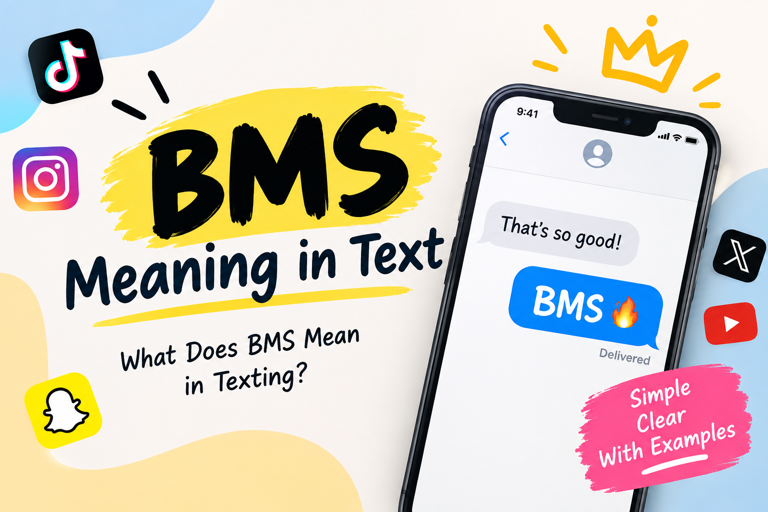 BMS Meaning in Text with a smartphone showing BMS in a text message and social media icons.