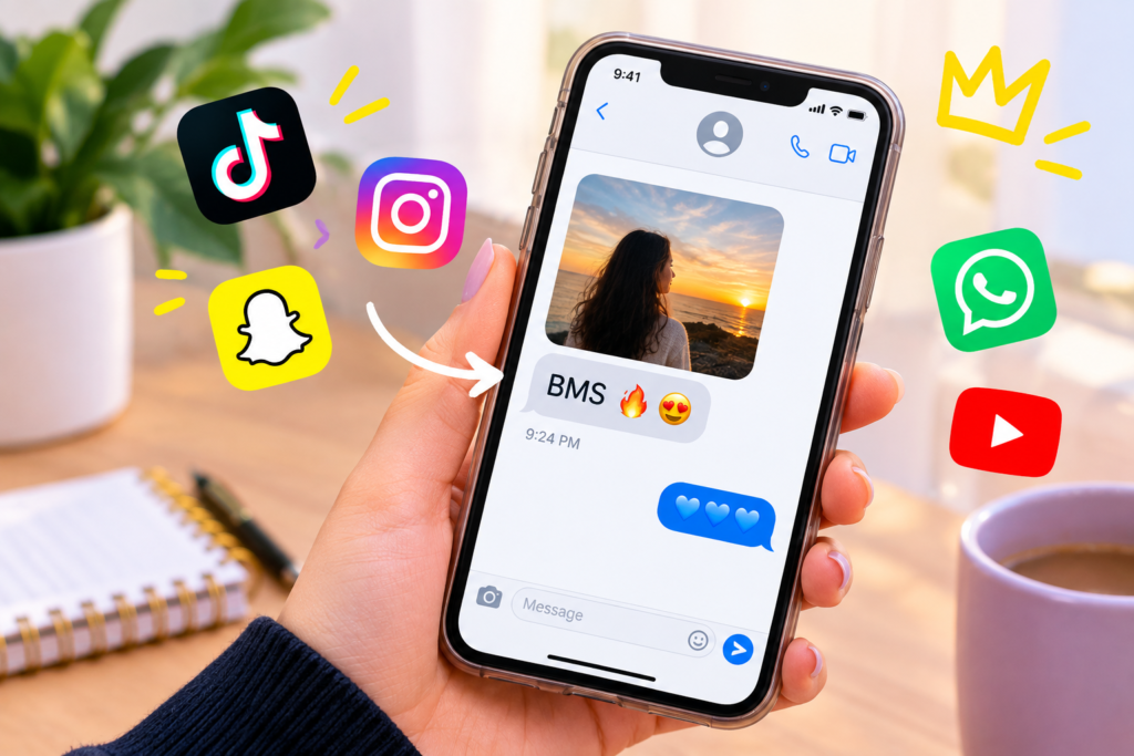 BMS meaning in texting shown on a smartphone chat with social media icons and a photo reaction.
