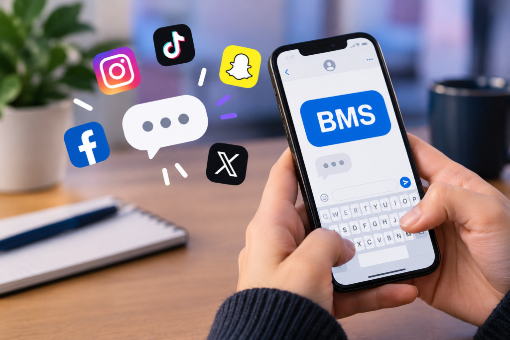 BMS meaning in texting on social media, shown on a smartphone chat screen with social media icons.