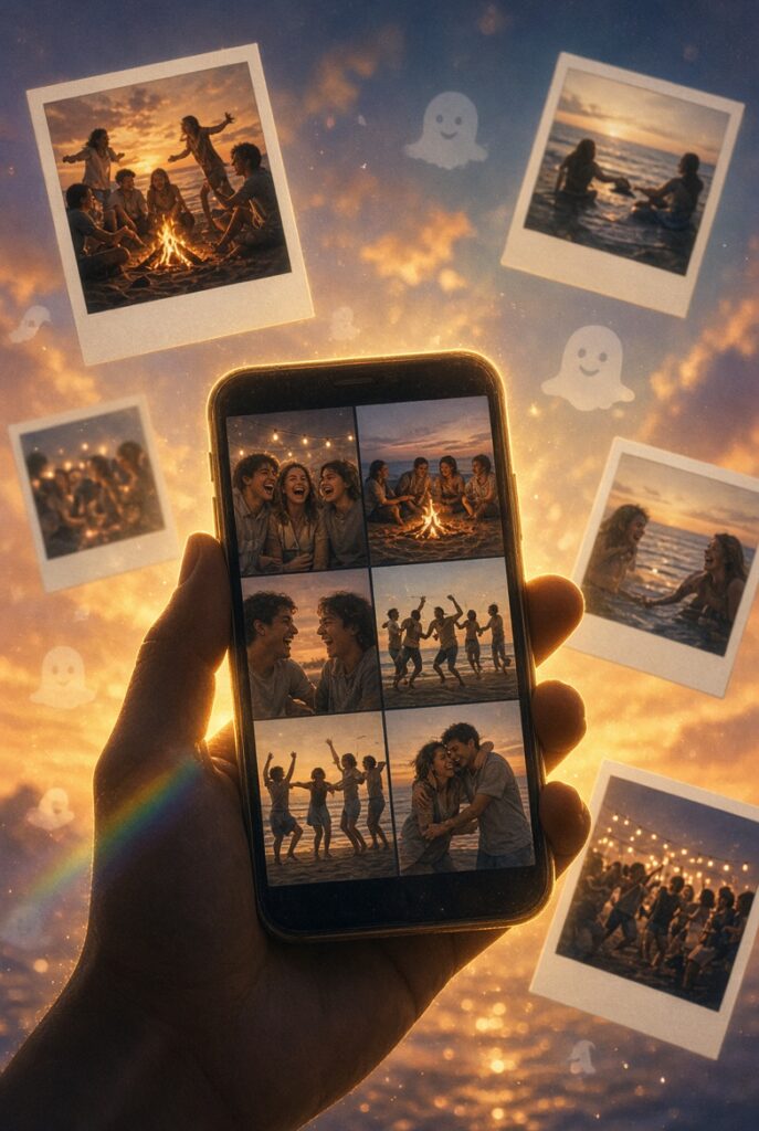 A hand holds a smartphone displaying a grid of joyful throwback photos of friends laughing, dancing, and embracing around a beach bonfire at sunset. Floating Polaroid-style photos of the same scenes surround the phone against a glowing golden sky with soft Snapchat ghost icons and a rainbow light flare.