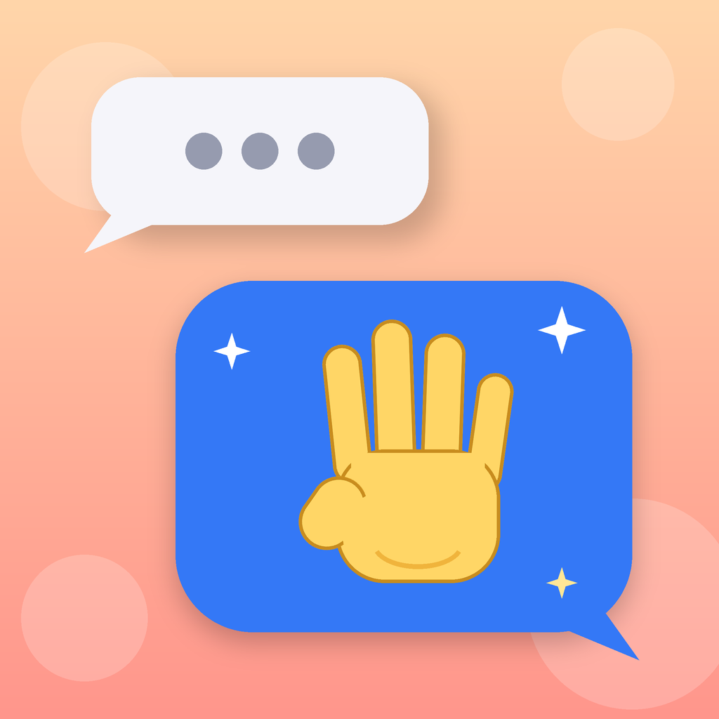 Illustration of a chat conversation: a gray message bubble with three typing dots above a larger blue reply bubble containing a raised open hand, the gesture of swearing an oath, on a peach-to-coral gradient background with sparkles.
