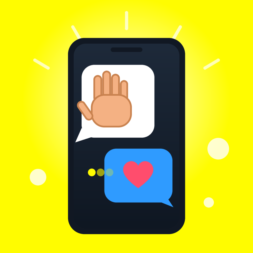 Illustration of a smartphone on a bright yellow background, showing a chat with a white bubble holding a raised hand in an oath gesture and a blue reply bubble with a red heart, to convey "I swear" in a text conversation.