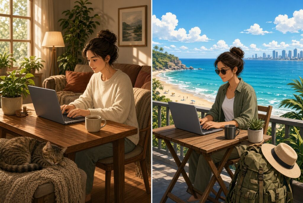 Left side: A woman with dark hair in a bun sits at a wooden desk in a cozy living room, typing on a laptop. A sleeping cat rests on a blanket nearby, a coffee mug sits on the desk, and soft natural light comes through a window with plants and a sofa in the background.
Right side: The same woman, wearing sunglasses and a green shirt, works on a laptop at a small wooden table on a sunny balcony overlooking a tropical beach and city skyline. A backpack, straw hat, and small plant are nearby under a bright blue sky.
