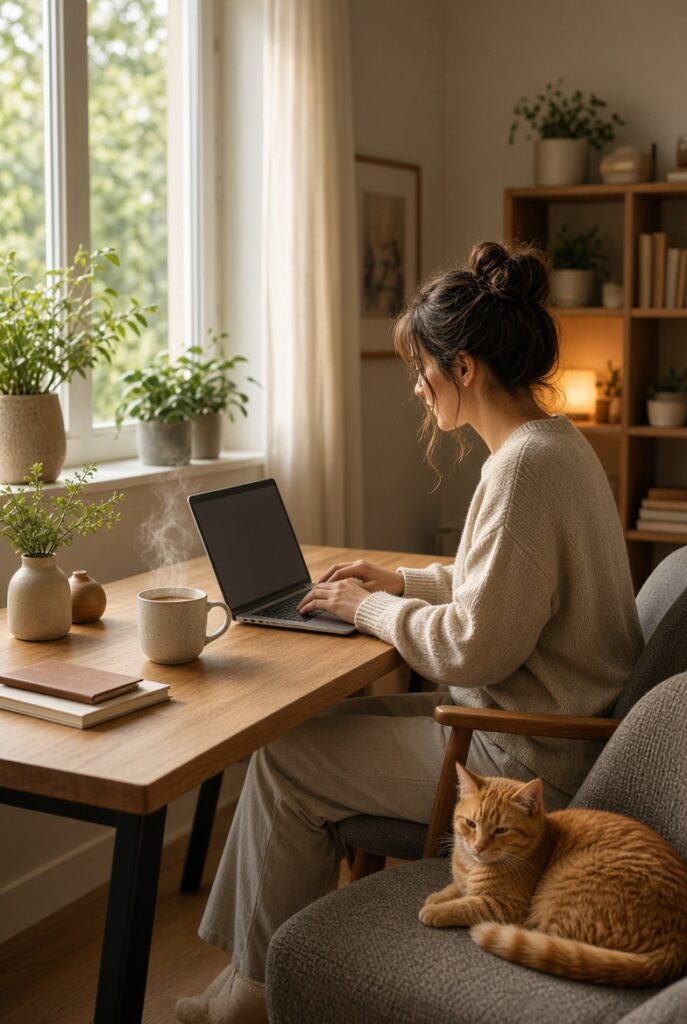 A woman with dark hair in a messy bun sits at a wooden desk in a bright, plant-filled home office, typing on a laptop. A steaming coffee mug and small vase sit nearby. An orange tabby cat rests on a gray armchair beside her. Soft natural light comes through a large window.