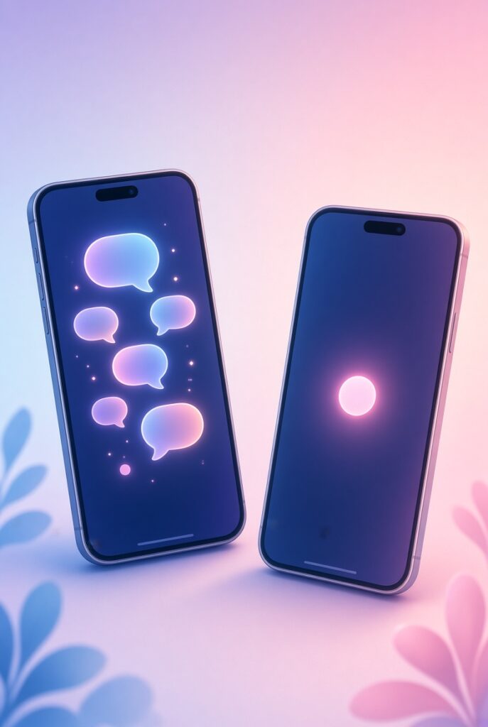 Two modern smartphones standing upright against a soft pastel pink and blue gradient background. The left phone screen shows several glowing empty chat bubbles in soft blue and purple tones floating upward with tiny sparkles. The right phone screen displays a single soft pink glowing circular notification light. Delicate stylized leaf shapes appear at the bottom corners. No text, letters, or symbols are present.